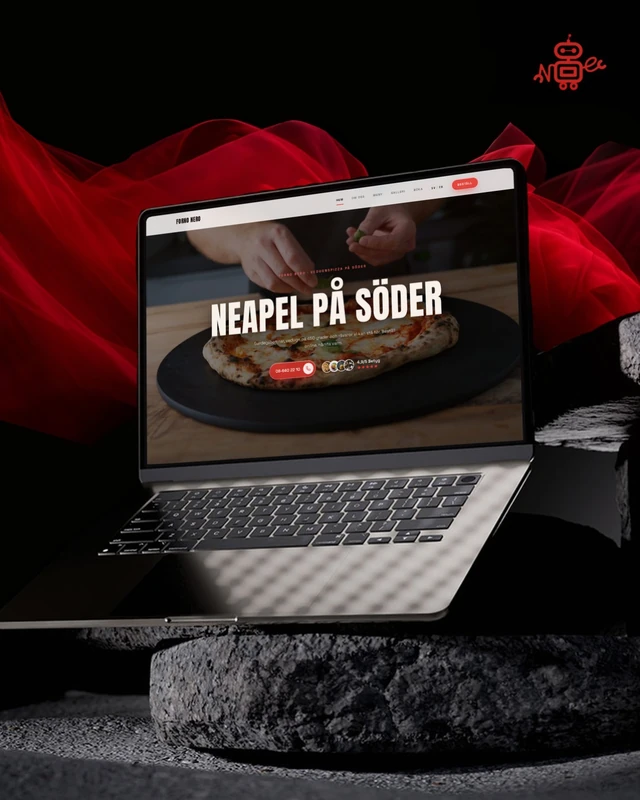 Instagraminlägg: pizzerian Forno Nero på en bärbar dator mot svart sten