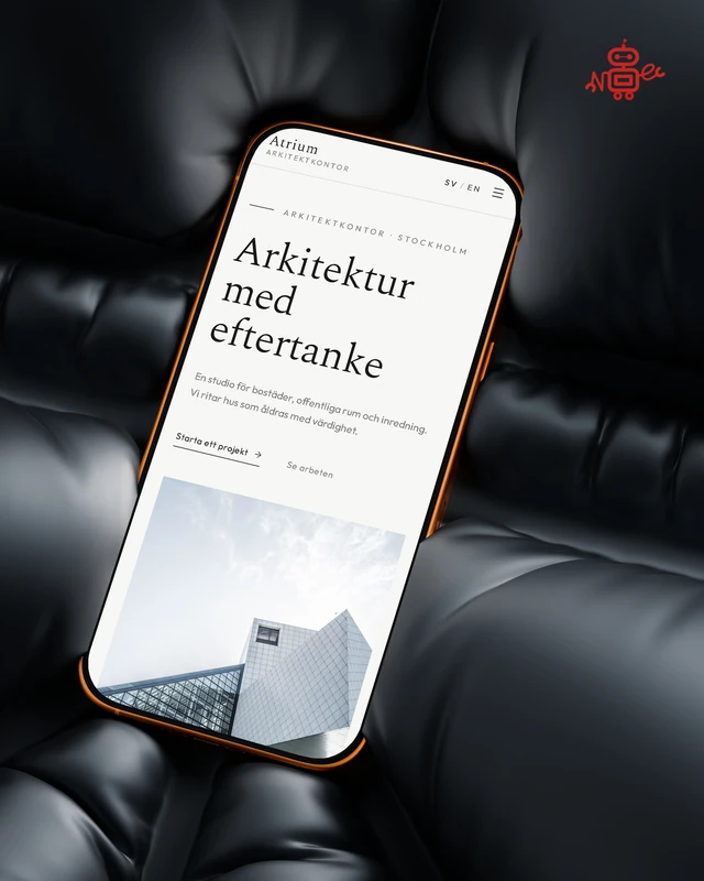 Instagraminlägg: en landningssida i mobilen på en orange soffa